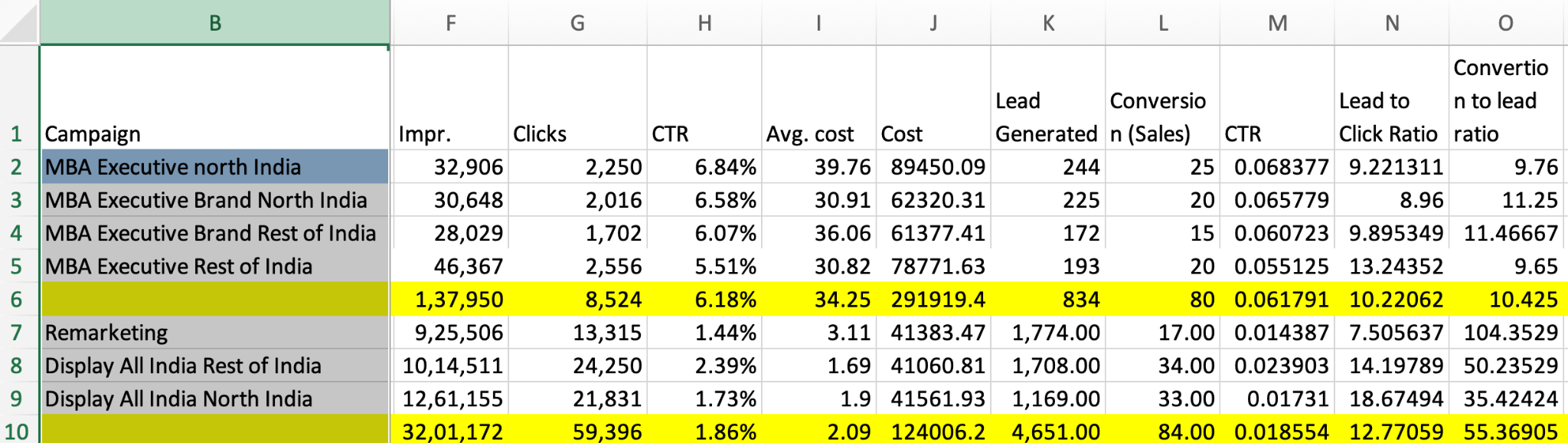 Calculating CPC, CPL, CPA, ROAS, and ROI across campaigns — a core programme skill