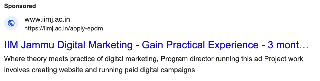 Google Search Ad created and run by students during the programme